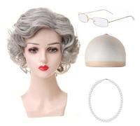 SDXCJY Lot de 4 perruques courtes bouclées grises avec collier de perles, lunettes et kit d'accessoires pour cosplay, fête, Halloween (gris)