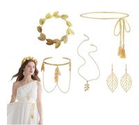 SDXCJY Lot de 5 accessoires de costume de déesse grecque, feuille de laurier doré, chaîne à pompons, boucles d'oreilles, collier et bracelet, vintage, fête, mariage, Halloween, cosplay pour femme