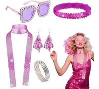 SDXCJY Lot de 6 accessoires disco à paillettes pour fête d'anniversaire rétro années 70/80 avec écharpe, lunettes de soleil, bandeau, bracelet, boucles d'oreilles, rose