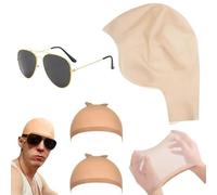 SDXCJY Lot de bonnets chauves en latex de qualité supérieure avec 2 bonnets élastiques en maille filet et lunettes de soleil, couvre-tête chauve couleur peau réaliste, idéal pour cosplay, Halloween