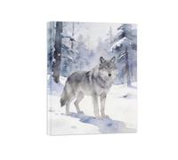 SDYSKKUG Aquarelle Animal Tableau Décoration Murale Salon. loup en hiver. Moderne Impressions sur Toile. Minimaliste Chambre Ferme 90x70cm Cadre Intérieur