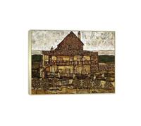 SDYSKKUG Egon Schiele Impression sur Toile Décoration. Maison avec toit en bardeaux. Célèbre Peinture Reproduction. Tableau Murale Salon Maison 90x70cm Cadre Argenté