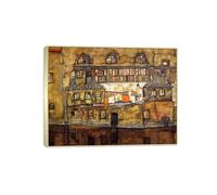 SDYSKKUG Egon Schiele Impression sur Toile Décoration. Maison sur rivière. Célèbre Peinture Reproduction. Tableau Murale Salon Maison 105x80cm Cadre Argenté