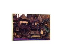 SDYSKKUG Egon Schiele Impression sur Toile Décoration. maisons à Krumau. Célèbre Peinture Reproduction. Tableau Murale Salon Maison 85x60cm Cadre Argenté