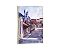 SDYSKKUG Egon Schiele Impression sur Toile Décoration. Vue depuis salle de classe. Célèbre Peinture Reproduction. Tableau Murale Salon Maison 90x60cm Cadre Argenté