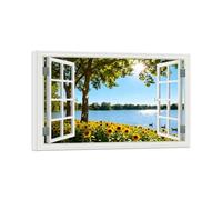 SDYSKKUG Fausse Fenêtre Paysage Tableau. Arbre Lac Tournesol. Nature Impression sur Toile. Affiche Décoration Murale Salon 45x30cm Cadre Intérieur