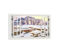 SDYSKKUG Fausse Fenêtre Paysage Tableau. Arbre Village Hiver. Nature Impression sur Toile. Affiche Décoration Murale Salon 50x30cm Cadre Intérieur