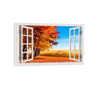 SDYSKKUG Fausse Fenêtre Paysage Tableau. Champ Arbre automne. Nature Impression sur Toile. Affiche Décoration Murale Salon 50x30cm Cadre Intérieur