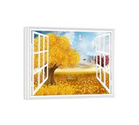 SDYSKKUG Fausse Fenêtre Paysage Tableau. Doré Arbre. Nature Impression sur Toile. Affiche Décoration Murale Salon 48x40cm Cadre Intérieur