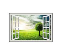 SDYSKKUG Fausse Fenêtre Tableau Paysage Image Impression sur Toile Arbre Champ Nature Affiche Décoration Murale Salon 60x40cm Cadre Noir