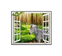 SDYSKKUG Fausse Fenêtre Tableau Paysage Image Impression sur Toile Forêt Arbre Animaux Nature Affiche Décoration Murale Salon 95x80cm Cadre Noir