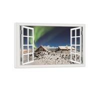 SDYSKKUG Fausse Fenêtre Tableau Paysage Image Impression sur Toile Hiver Aurora Maison Nature Affiche Décoration Murale Salon 45x30cm Cadre Intérieur