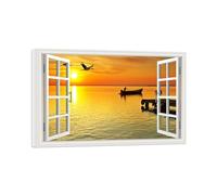 SDYSKKUG Fausse Fenêtre Tableau Paysage Image Impression sur Toile Mer Coucher de Soleil Birds Nature Affiche Décoration Murale Salon 105x70cm Cadre Intérieur
