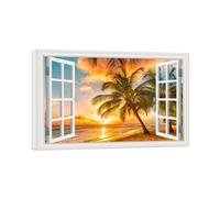 SDYSKKUG Fausse Fenêtre Tableau Paysage Image Impression sur Toile Mer Palmier Arbre Coucher de Soleil Nature Affiche Décoration Murale Salon 60x40cm Cadre Intérieur