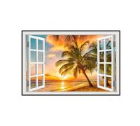 SDYSKKUG Fausse Fenêtre Tableau Paysage Image Impression sur Toile Mer Palmier Arbre Coucher de Soleil Nature Affiche Décoration Murale Salon 75x50cm Cadre Noir