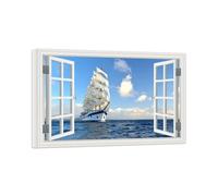 SDYSKKUG Fausse Fenêtre Tableau Paysage Image Impression sur Toile Mer Voilier Nature Affiche Décoration Murale Salon 120x80cm Cadre Intérieur
