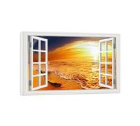 SDYSKKUG Fausse Fenêtre Tableau Paysage Image Impression sur Toile Mer Wave Coucher de Soleil Nature Affiche Décoration Murale Salon 105x70cm Cadre Intérieur