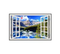 SDYSKKUG Fausse Fenêtre Tableau Paysage Image Impression sur Toile Montagne Arbre Lac Nature Affiche Décoration Murale Salon 115x70cm Cadre Noir