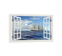 SDYSKKUG Fausse Fenêtre Tableau Paysage Image Impression sur Toile Nuages Mer Voilier Nature Affiche Décoration Murale Salon 90x60cm Cadre Intérieur