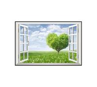 SDYSKKUG Fausse Fenêtre Tableau Paysage Image Impression sur Toile Nuages Prairie Arbre Nature Affiche Décoration Murale Salon 45x30cm Cadre Noir