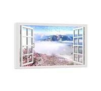 SDYSKKUG Fausse Fenêtre Tableau Paysage Image Impression sur Toile Pink Fleurs Nuages Montagne Nature Affiche Décoration Murale Salon 105x70cm Cadre Intérieur