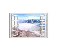 SDYSKKUG Fausse Fenêtre Tableau Paysage Image Impression sur Toile Pink Fleurs Nuages Montagne Nature Affiche Décoration Murale Salon 75x50cm Cadre Noir