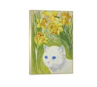 SDYSKKUG Louis Wain Tableau Décoration Salon. Célèbre Impression sur Toile. Chat parmi jonquilles. D'art Mural Affiche Reproductions 60x40cm Cadre Argenté