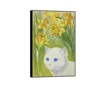SDYSKKUG Louis Wain Tableau Décoration Salon. Célèbre Impression sur Toile. Chat parmi jonquilles. D'art Mural Affiche Reproductions 90x60cm Cadre Noir