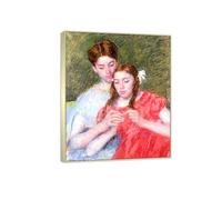 SDYSKKUG Mary Cassatt Impression sur Toile Décoration. Leçon de crochet. Célèbre Peinture Reproduction. Tableau Murale Salon Maison 60x50cm Cadre Argenté