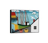 SDYSKKUG Maud Lewis Tableau Impression sur Toile. Célèbre Peinture. À quai au port. Moderne Affiche Décoration Salon. Reproductions 85x70cm Cadre Noir