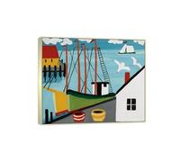 SDYSKKUG Maud Lewis Tableau Impression sur Toile. Célèbre Peinture. À quai au port. Moderne Affiche Décoration Salon. Reproductions 60x50cm Cadre Argenté