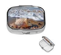 Sea and Shells Pilulier carré en métal à 2 compartiments - Joli pilulier de voyage portable pour médicaments et vitamines - Cadeau unique pour homme et femme