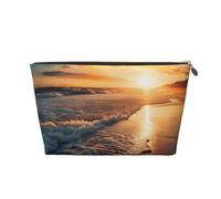 Sea Beach Sunset Prints Trousse de toilette de voyage en cuir PVC avec fermetures éclair dorées, organiseur étanche pour maquillage, articles de toilette et essentiels, doré, Taille unique, Trousse de