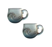 Sea Glass Lot de 2 tasses en verre soufflé à la main en forme de vague de mer, tasse unique texturée sur le thème de la plage, pour thé, vin, cadeau pour les amateurs de l'océan (355 ml)