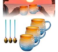 Sea Glass Sunset Mug, Handcrafted Glass 12oz Sea Glasses Wave Mug, Ocean Wave Coffee Cup with Handle,Unique Textured Beach Theme Drinkware, for Tea Wine Ice Drink (3)