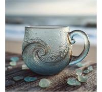 Sea Glass - Tasse en verre soufflé à la main en forme de vague de mer, tasse unique texturée sur le thème de la plage pour thé, vin, cadeau inspiré de la mer, 355 ml