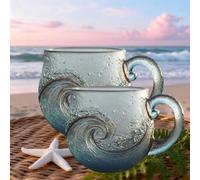 Sea Glass Tasse en verre soufflé à la main Motif vague de l'océan 355 ml Cadeau unique texturé sur le thème de la plage pour thé, vin