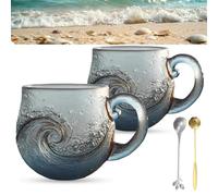 Sea Glass Wave Mug, Tasse De Verre Soufflée À La Main De 12oz Avec Texture De Vague De L'océan, Tasse À Thème De Plage Pour Le Thé, Vin, Cadeau Pour Les Amoureux De L'océan(B2PCS)