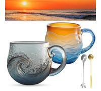 Sea Glass Wave Mug, Tasse De Verre Soufflée À La Main De 12oz Avec Texture De Vague De L'océan, Tasse À Thème De Plage Pour Le Thé, Vin, Cadeau Pour Les Amoureux De L'océan(A+B)
