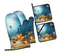 Sea Life Lot de 4 gants de cuisine et maniques imprimés poissons dorés résistants à la chaleur pour la cuisine, la pâtisserie, les grillades