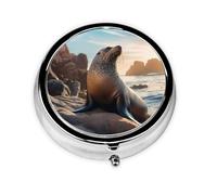 Sea Lion on The Rocks Mini pilulier rond, peut être mis dans un portefeuille, une poche, léger et pratique, pilulier à 3 compartiments, pilulier portable,