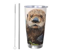Sea Otter Gobelet avec couvercle et paille en acier inoxydable pour boissons chaudes et froides, double paroi isotherme - Tasse à café de voyage réutilisable - Cadeau d'anniversaire - 591 ml