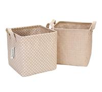 Sea Team Lot de 2 paniers de rangement pliables en coton et lin avec décoration pour articles de toilette, articles divers, jouets, bijoux, beige, 27 x 27 x 27 cm