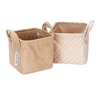 Sea Team Lot de 2 paniers de rangement pliables en jute et coton avec poignée pour la maison, les articles de toilette, les articles divers, les jouets, les bijoux, beige, 17 x 17 x 17 cm