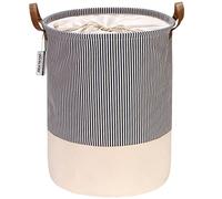 Sea Team Panier à linge en tissu à rayures avec poignées en cuir PU et fermeture à cordon de serrage, 17,7 x 13,8 pouces, intérieur imperméable, bleu marine