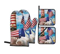 Sea to Shining Sea Flamants Roses patriotiques sur Fond Noir Gants de Four et maniques pour Barbecue Gants de Barbecue imperméables et durables pour la Cuisson, la Cuisson, Les grillades, Ensemble de