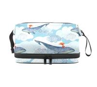 Sea Whale and Girl Story Trousse de toilette double couche pour femmes et filles, trousse de toilette de voyage, trousse de maquillage pratique avec compartiment à pinceaux, multicolore, 27x15x14