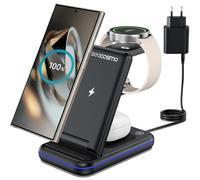 seacosmo Chargeur Induction 3 en 1 pour Samsung S25/S24/S23/S22 Plus/Ultra/Z Flip/Z Fold 7/5/3, Chargeur sans Fil pour Galaxy Watch 8/7 Pro/5/4/Active, Station de Charge Galaxy Buds - Noir