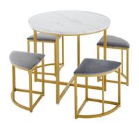 Seaforie Ensemble de table de salle à manger avec quatre chaises, table en MDF et cadre en fer plaqué or, chaise en velours, modernes et chaises luxueuses