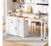 Seaforie Ilot de cuisine sur roulettes, salle à manger extensible avec compartiment à déchets et tiroirs, îlot de cuisine mobile autoportant, idéal pour la cuisine et la salle à manger (blanc)